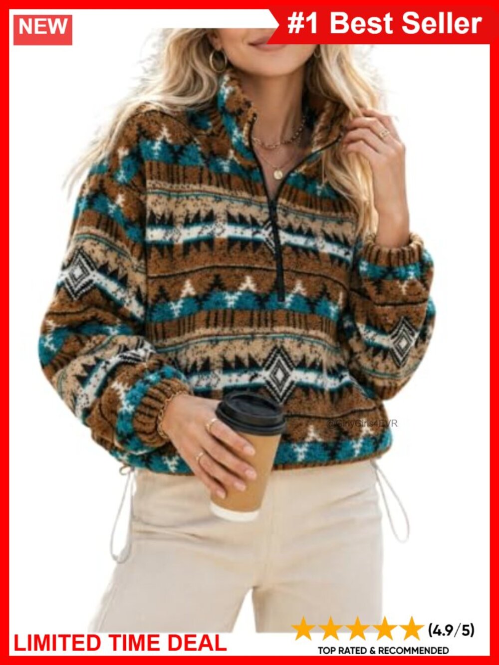 Womens Aztec Cropped Half Zip Sherpa Fleece Pullover Sweatshirt
